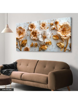 Evine Moda Üç Boyut Görünümlü Gold Detaylı  Çiçekler Tek Parça Kanvas - Canvas Tablo