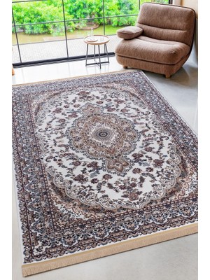 Adalizza Merkez Medalyonlu Geleneksel Iran Halısı Desenli Krem Bej Tonlarında Halı