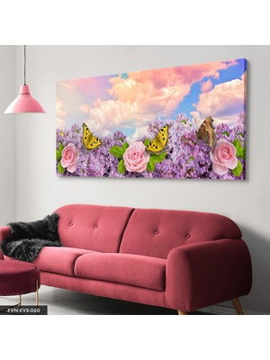 Evine Moda Pembe Çiçek ve Kelebekler Tek Parça Kanvas Canvas Tablo Tablo