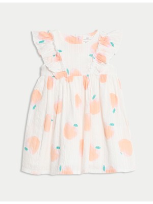 Marks & Spencer Saf Pamuklu Şeftali Desenli Gofre Elbise (0-3 Yaş)