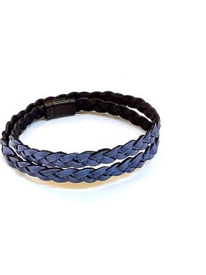Herşey Nota Graphite Double Braid – Çift Sıra Örgü Mavi Hakiki Deri Erkek BILEKLIK-1427