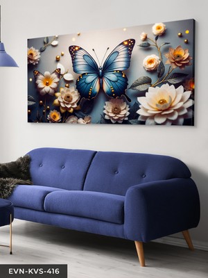 Evine Moda Zarif Çiçeklerin Arasında Mavi Kelebek Tek Parça Kanvas - Canvas Tablo