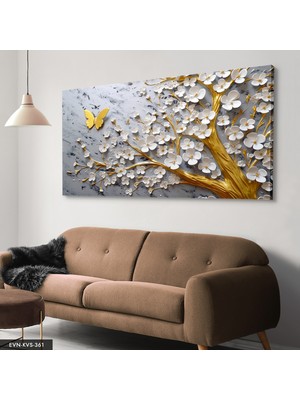 Evine Moda Beyaz Çiçekler Gold Ağaç Kelebek Detay Tek Parça Kanvas - Canvas Tablo