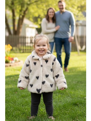 Dofi Kız Çocuk 1659 Peluş Mont – Bej, Kalp Desenli, Çıtçıtlı, Yumuşak ve Sıcak