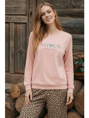 Dofi Kadın 1741 Leopar Desenli Süper Soft Pijama Takımı- Gri/ Krem / PEMBE