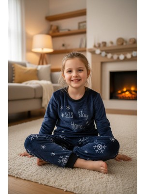Dofi Kız Çocuk 1731 Süper Soft Kışlık Yılbaşı Yıldız Temalı Pijama Takımı - Lacivert