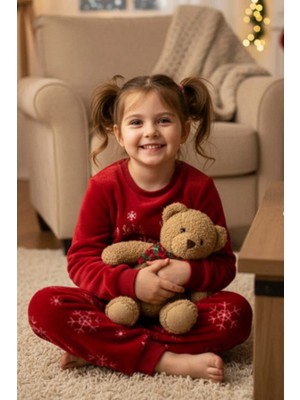 Dofi Kız Çocuk 1731 Süper Soft Kışlık Yılbaşı Yıldız Temalı Pijama Takımı - Kırmızı