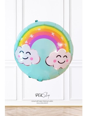 Pekshop Yuvarlak Bulutlu Gökkuşağı Baskılı Folyo Balon 45CM