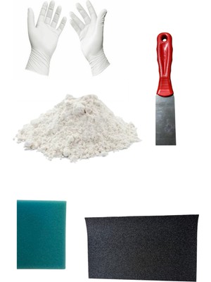 Duvar Tamir Seti 2 kg Sıva Alçı-Sıva Süngeri-Spatula-Beyaz Pudralı Eldiven-Zımpara