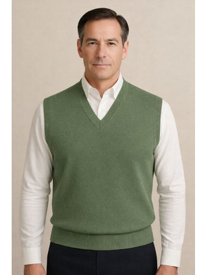 BURSPA Kışlık V Yaka Düz Ince Yün Haki Baba Süveter