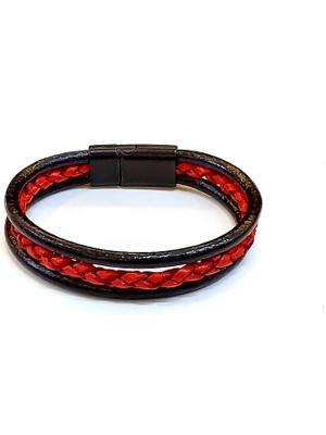 Herşey Nota Crimson Double Braid – Kırmızı Örgü Detaylı Siyah Deri Erkek BILEKLIK-1423