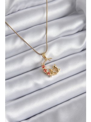 Marsilyan 316L Çelik Gold Renk Hilal Kedi Model Zirkon Taşlı Detay Kadın Kolye
