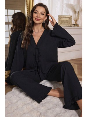 MiraLive Kadın Siyah Önden Bağlamalı Kolu ve Paçası Fırfır Detaylı Uzun Kollu Pijama Takımı