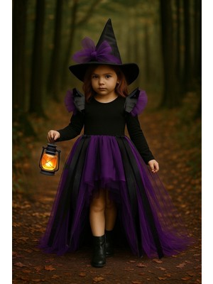 Shecco Babba Kız Çocuk Mor Tüllü Siyah Cadı Kostümü–deri Detaylı Cadı Elbisesi&şapkalı Halloween Partisi Kıyafeti