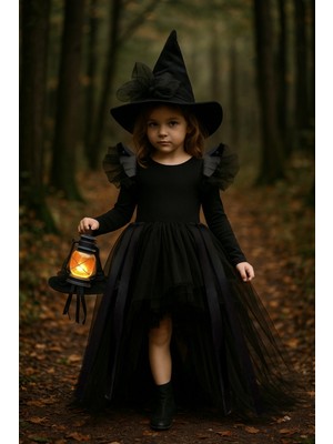 Shecco Babba Kız Çocuk Tüllü Siyah Cadı Kostümü–deri Detaylı Cadı Elbisesi&şapkalı Halloween Partisi Kıyafeti