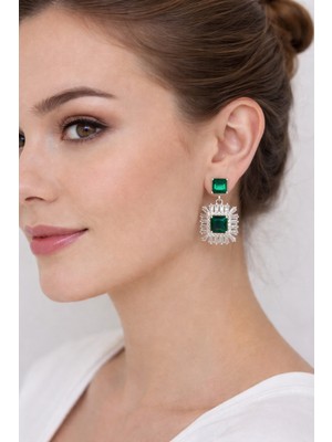 Ares 01 Store Zirkon Küpe Yeşil Taşlı Kare Sallantılı Küpe