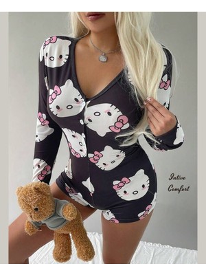 Intive Lingerie Intive Comfort Önü Düğmeli Şortlu Hello Kitty Desen Detaylı Şirin Tulum Gecelik