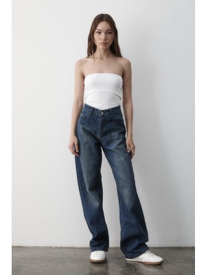 Jaste Kadın Yüksek Bel Geniş Paça Jean Pantolon KAHVE