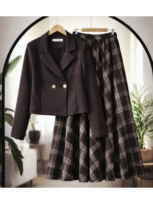 Trendparis Ithal Dalgıç Kumaş Kareli Etek & Kruvaze Ceket Takımı