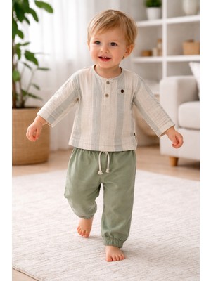 Baby Hola Hakim Yaka Pantolonlu Müslin Kumaş  Erkek Bebek Ikili Takım Set Babyhola