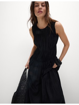 Marks & Spencer Pamuklu Keten Karışımlı Büzgülü Midi Shift Elbise