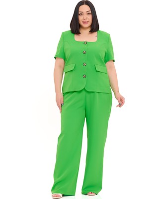 Disentis Modest Büyük Beden Kısa Kollu U Yaka Yeşil Ceket Pantolon Ikili Takım