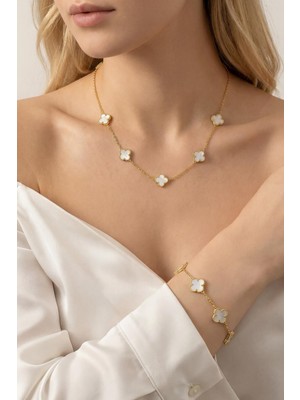 Rays Beyaz Yonca Figürlü Kolye Bileklik Seti Gold 0132