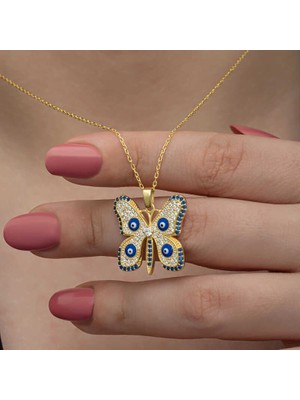 Erseyy Gümüş Gold Nazarlı Kelebek Kadın Kolye