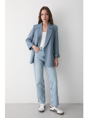 Jaste Kadın Çizgili İçi Astarlı Kol Detaylı Blazer Ceket MAVİ