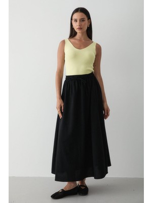 Jaste Kadın Beli Lastikli Çift Cepli Keten Etek SİYAH