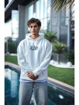 Flamex Üç Iplik Penye Kapşonlu Baskılı Sweatshirt - Beyaz