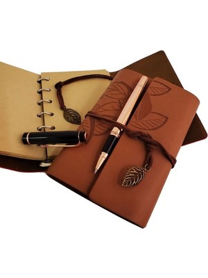 Pazarcan Özel Ahşap Kutulu Taba Deri Defter ve Bakır Roller Kalem Set
