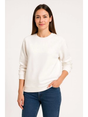 Flamex Üç Iplik Düz Bisiklet Yaka Sweatshirt - Beyaz