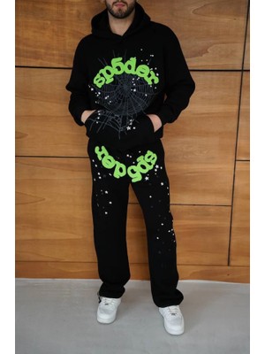 Flamex Erkek Kapüşonlu Eşofman Takım Örümcek Ağı ve Neon Yeşil Baskılı Kanguru Cepli Oversize Ra