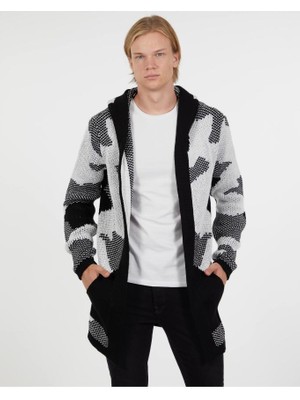 Elku Moda Erkek Kapüşonlu Uzun Triko Hırka Cepli Bol Kesim Pamuklu Salaş Örme Hırka