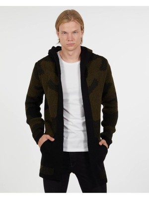 Elku Moda Erkek Kapüşonlu Uzun Triko Hırka Cepli Bol Kesim Pamuklu Salaş Örme Hırka