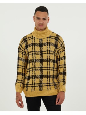 Elku Moda Oversize Balıkçıyaka Kazak Pamuklu Ekose Desenli Salaş Kesim Boğazlı Triko