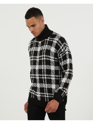 Elku Moda Oversize Balıkçıyaka Kazak Pamuklu Ekose Desenli Salaş Kesim Boğazlı Triko