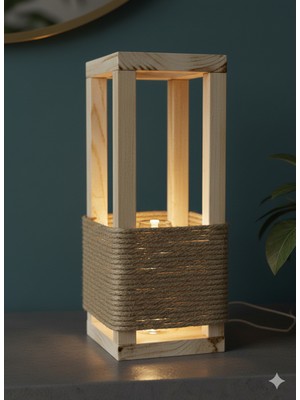 Veo Store Dekoratif Ahşap & Halat Tasarımlı Rustik Masa Lambası – Doğal El Işçiliği