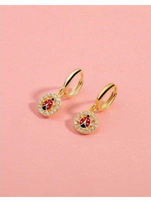 By More 925 Ayar Gümüş Mineli Uğur Böcekli Yuvarlak Taşlı Sallantılı Çocuk Küpesi