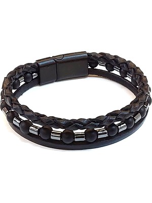 Herşey Nota Obsidian Weave Duo – Siyah Örgü & Boncuk Detaylı Çift Kat Erkek Deri BILEKLIK-1418