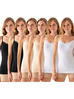 Olizza Kadın Dantel Detaylı Ince Askılı Atlet 6’lı Paket – Siyah, Ten, Beyaz (Her Renk 2 Adet)