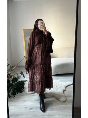 Muennesofi Kahverengi Desenli Kat Kat Şifon Etek
