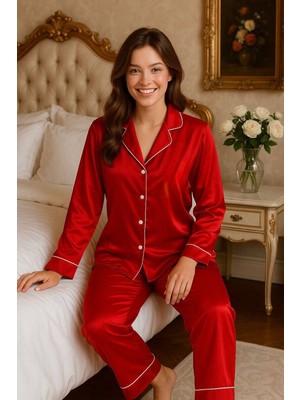 Çeyize Dair Herşey Kırmızı Luxe Premium Saten Pijama Takımı