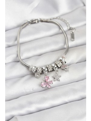Pazarcan Pirinç Gümüş Renk Pembe Kelebek Charmlı Kadın Bileklik - TJ-BB8204