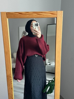 Muennesofi Bordo Balon Kol Crop Kazak