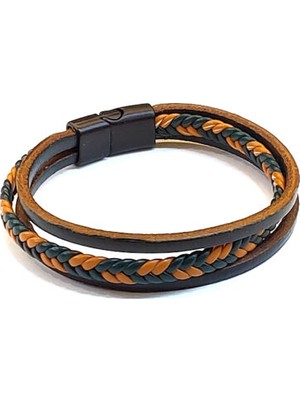 Herşey Nota Canyon Braid Core – Taba & Turuncu Örgü Detaylı Siyah Deri Erkek BILEKLIK-1419