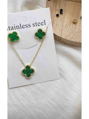Güneş Takı Gold Yeşil Yonca Model Tekli Kolye Bileklik Seti 2li Set