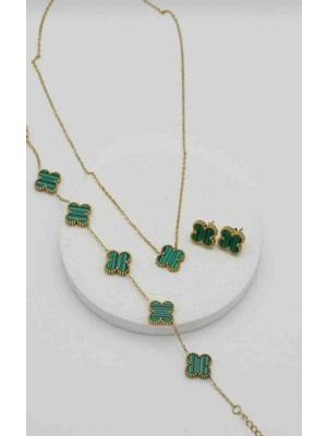 Güneş Takı Gold Yeşil Yonca Model Tekli Kolye Bileklik Küpe Seti
