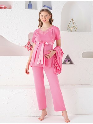 Jenika Collection Jenika Pembe Düğmeli Dantel Yaka Detaylı 3’lü Hamile Lohusa Pijama Takımı | Sabahlıklı, Rahat Kalıp